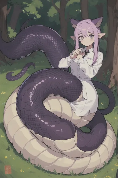 One girl, Lamia, scale, White shirt, whole body, Outdoor,Not too long a tail、Perfect tail、Purple tail