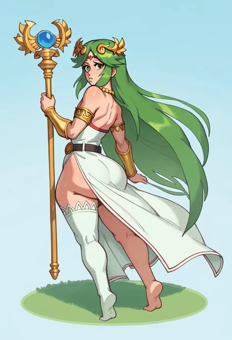 (masterpiece, best quality:1.3), Rizdraws, Thin Lineart, male, solo, looking at viewer, flat chest, feminine male, green hair, full body, :o, necklace, bare shoulders, strapless dress, vambraces, belt, white dress, white thighhighs, single thighhigh, holdi...