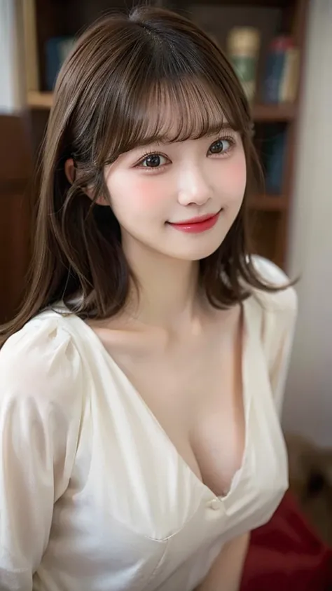 1 woman, individual, Chest, Blushing, Smile, Bangs, Subjective perspective, 