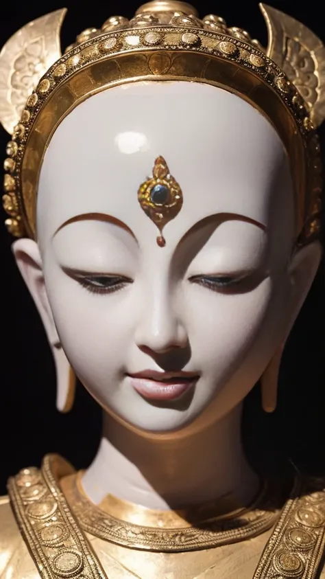 Create a close-up front-facing image of a mystical human figure with features reminiscent of a Buddha. The figure should have a serene and peaceful expression, with a slight smile. Ensure the face is prominently displayed with clear, well-defined eyes, nos...