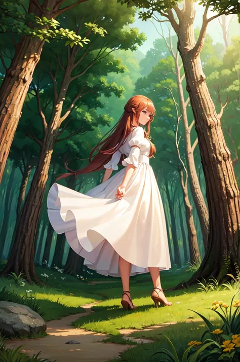 An illustration for a fairy tale about a girl standing in the forest who can talk to animals.