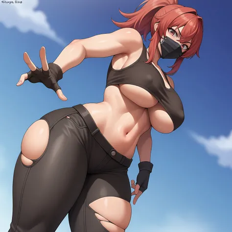 1girl, breasts, mask, solo, pants, hair, mouth mask, eyes, thick_thighs, gloves, hair, huge thighs, cropped_top, big_breasts, white_pants, torn clothes, covered_nipples, looking_at viewer, fingerless gloves, tank_top, crop_top_overhang, navel, underboob, t...