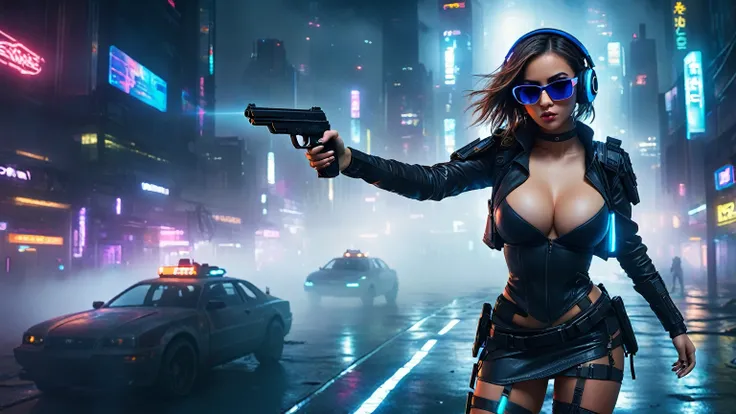 dark futuristic landscape, at night, neon lights, Atmospheric fog, large buildings in the background, futuristic city, streets with open shops, skyscraper (postapocalyptic city:1.3). (((1girl, solo, alone))), large-breast:1.2 slim body, cleavage:1.1, sexy ...