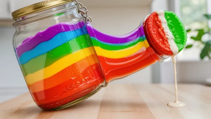 jar with rainbow cream inside, ROUND Chupa Chups dipped in rainbow cream, rainbow cream stretches from a jar,  RAINBOW CREAM DRIPS. ROUND CHUPACHOPS DIPED IN RAINBOW CREAM. against the background of the kitchen .beautiful lighting, Beautiful sunlight, Real...