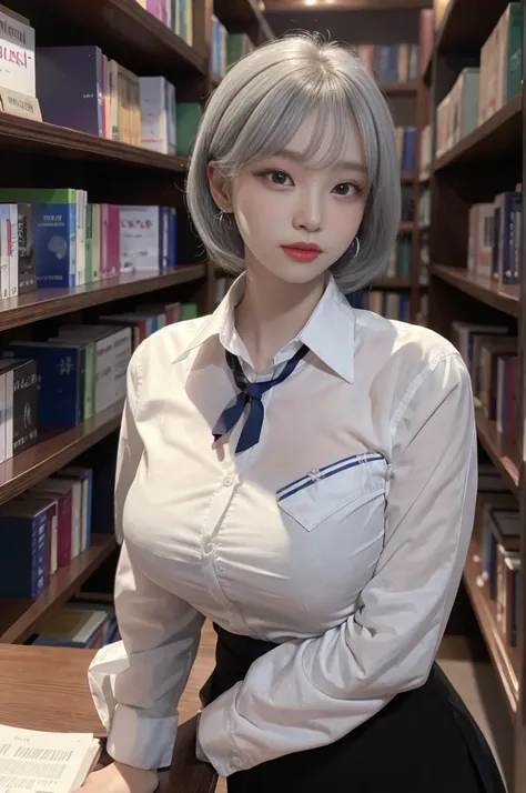 Best image quality, RAW photo, super high resolution, taken from the side, gentle smile, 16 years old Korean, very big breasts, tie, ribbon, , collared shirt,  shirt, plaid skirt, fair skin, shiny white skin, short bob, bright silver hair, bright gray hair...