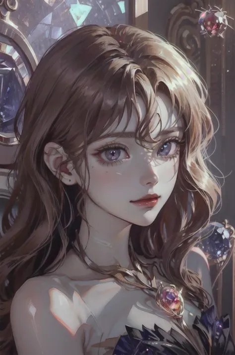 Id like a headshot portrait of a Noble girl, around 21 years old, with ((rose gold wavy hair: 1.2)), ((Padparadscha sapphire doe eyes: 1.6)), and ((porcelain skin: 1.0)). , cute and delicate appearance with an elegance on it. The portrait should be in a se...