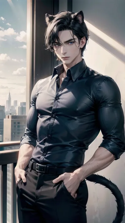 Masterpiece, Superior picture quality, high resolution, 4K images, man ,Hair set with a middle part, black hair. ,white skin, Dark blue eyes, Very detailed eyesight, height, Any color shirt with the sleeves rolled up., black pants ,It has the ears and tail...