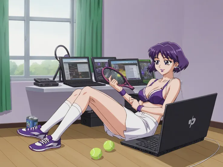 score_8_up, score_7_up, break, screencap, 1girl, solo, purple hair, female, teenage, short hair, purple eyes, purple eyelids, pu...