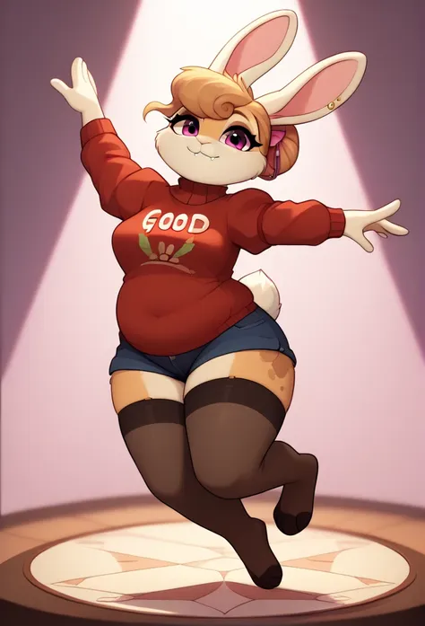 top quality, best quality, highres, masterpiece, absurdres, Perfect Anatomy(furry, angelic cute 1girl)(furry anthro, rabbit Facial Features, rabbit Body Features)(rabbit ears, Highly Detailed Body Fur)audition floor, dancing, flowing colorful ribbon, jumpi...