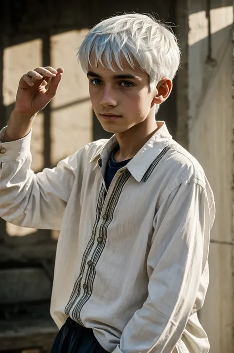 A thin white haired boy with his hand raised and fine threads seen coming out of his hand in the contrast of the sunlight