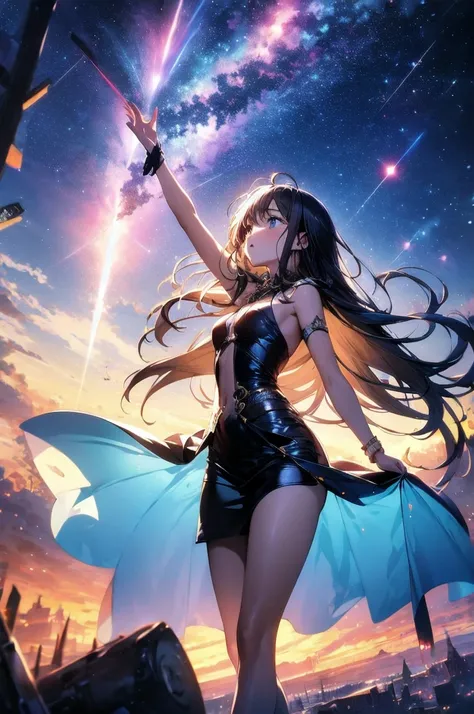 absurdres, highres, (official art, beautiful and aesthetic:1.2), close view, arm up from below
1girl, shining sky, vast world, gazing, awe-inspiring expression, distant horizon, clouds, high hill, natural beauty, inspiration, night sky, Shining Stars,
apst...