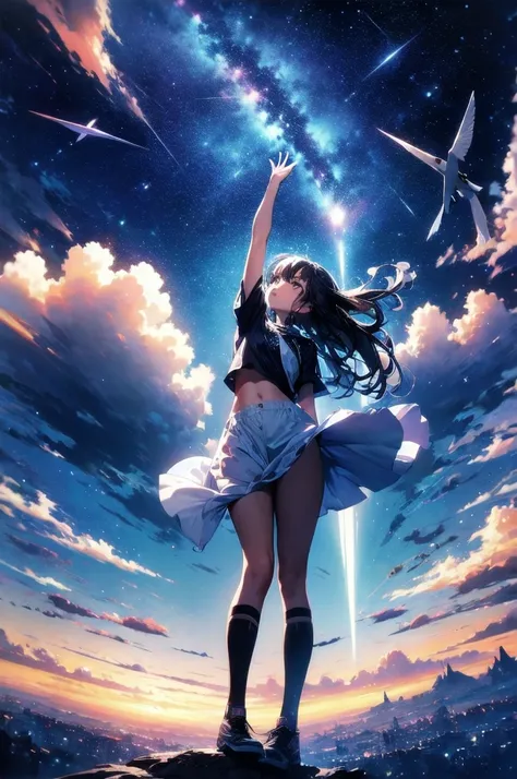 absurdres, highres, (official art, beautiful and aesthetic:1.2), close view, arm up from below
1girl, shining sky, vast world, gazing, awe-inspiring expression, distant horizon, clouds, high hill, natural beauty, inspiration, night sky, Shining Stars,
apst...