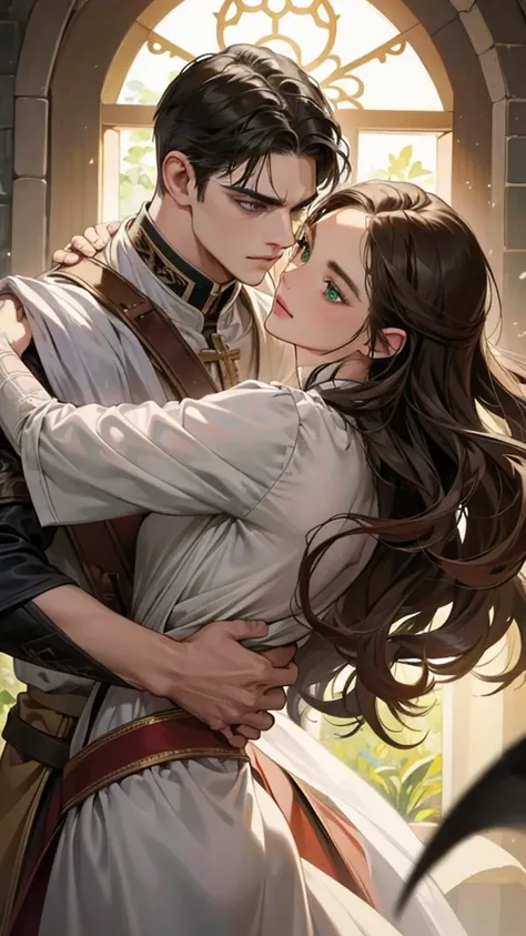 (Best Quality, high resolution, ultra detailed), Realistic representation of a muscular and handsome man with amure and short black hair and gray eyes., joining his forehead with a beautiful woman with long wavy brown hair and green eyes wearing a medieval...