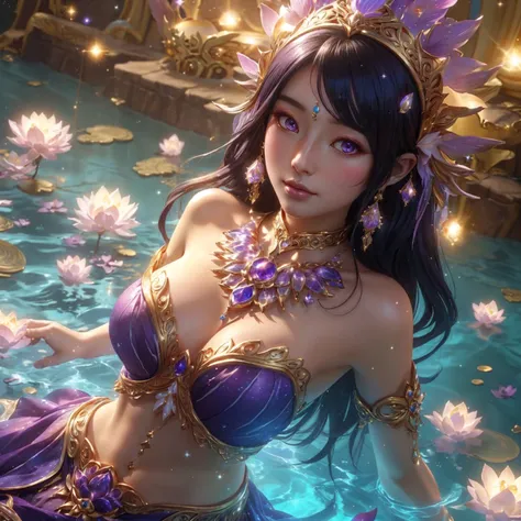 woman , purple eyes  , pink mouth ,Dressed in gold, standing in front of a crescent moon., goddess of heaven, goddess of the moon, anime goddess, beautiful heavenly mage, lunar goddess, Moon Goddess, Golden Lotus Princess, Goddess of the Galaxy, Beautiful ...