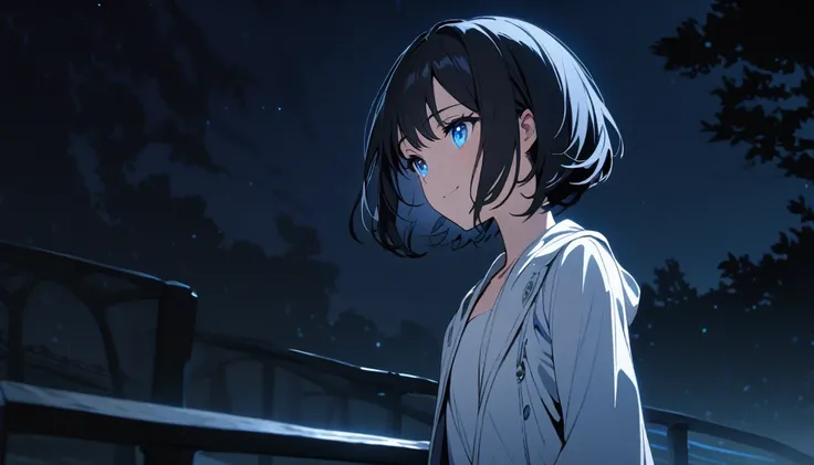 scene of a Beautiful 1girl, solo, gentle smile on her face flat chest, short hair, black hair, blue eyes, (detailed eyes), standing on a bridge at night, wearing a white jacket