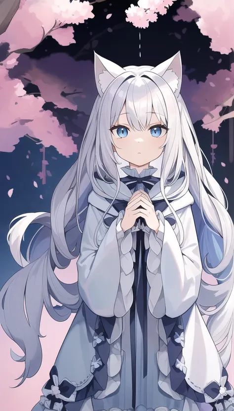 masterpiece, Highest quality, Complex, Long Hair, Silver Hair, Light blue eyes,Cat hooded clothes,Frills, Put your arms behind your back, cherry blossoms, Depth of written boundary,Holding a cat doll