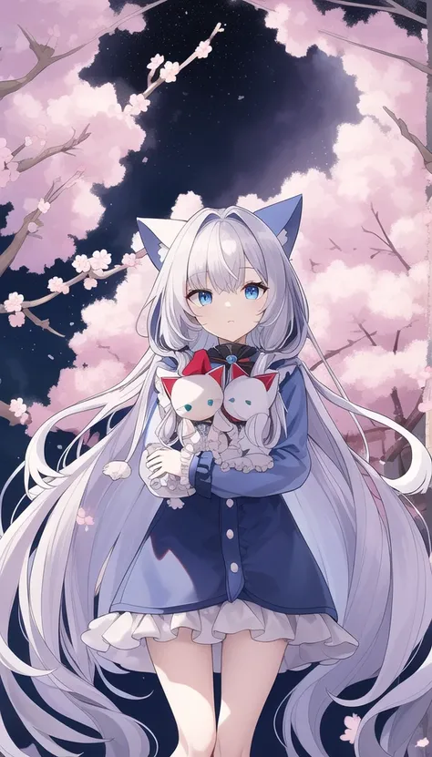 masterpiece, Highest quality, Complex, Long Hair, Silver Hair, Light blue eyes,Cat hooded clothes,Frills, Put your arms behind your back, cherry blossoms, Depth of written boundary,Holding a cat doll