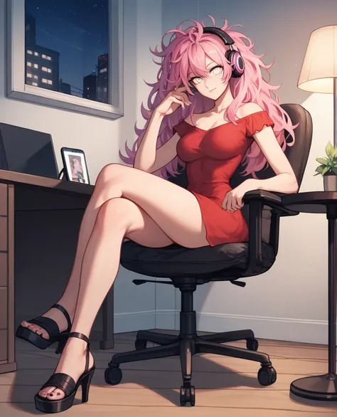 score_9, score_8_up, score_7_up, score_6_up, score_5_up, score_4_up, source_anime, 1woman, sit, chair, table, pink hair, headphones, smartphone, listening music, watching smartphone, long hair, white eyes, messy hair, red dress, crossed legs, black high he...