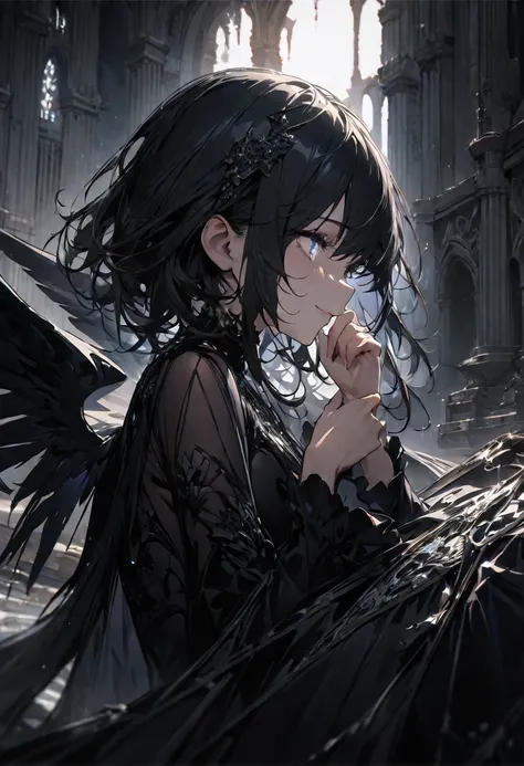 concept is A girls fallen angel,wearing black clothes and has black wings,She lies face down on the top floor of the tower and puts her hands on her chin and looks down at the lower world.An invincile smile,(((masterpiece))), (((best quality))), ((ultra-de...