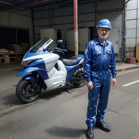 industrial worker in full body royal blue outfit, mature man with white helmet, background  liso