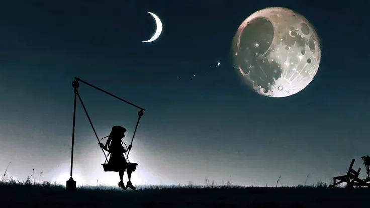 Eerie Illustration.
Make a night view of a park on a star-filled night.
A girl with long, straight hair sits on a swing in the corner of the screen, silhouetted against a large crescent moon.
There is other playground equipment.
The mood should be mysterio...