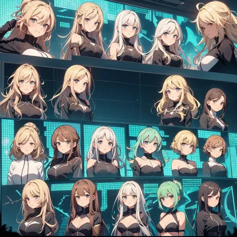 make a image in a a grid of nine panels, like a sprite sheet, in images have to be a anime girl portrait, same girl in all panels, As the sequence progresses, the characters hair becomes increasingly disheveled and animated, suggesting movement or wind act...