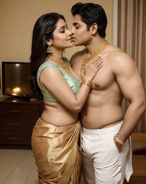 A beautiful gorgeous plump Indian 45-year-old woman wearing a saree, bindi on her forehead, wearing hindu mangalsutra, huge breasts, hot body curves, smiley face, white skin, standing on living room with 21 years old handsome man, wearing pant and shirt, m...