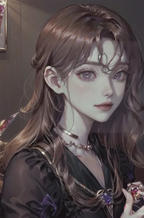 Id like a headshot portrait of a Noble girl, around 21 years old, with ((rose gold wavy hair: 1.2)), ((Padparadscha sapphire doe eyes: 1.6)), and ((porcelain skin: 1.0)). , cute and delicate appearance with an elegance on it. The portrait should be in a se...