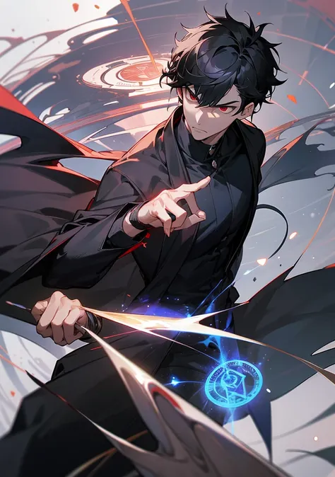 handsome, solo, 1 male, short hair, black hair, sharp eyes, red eyes, lighting, fantasy, black shirt, arrogant look, condescending expression , magic ring, magic circle in hand, blue particles smoldering at the tips of the fingers.