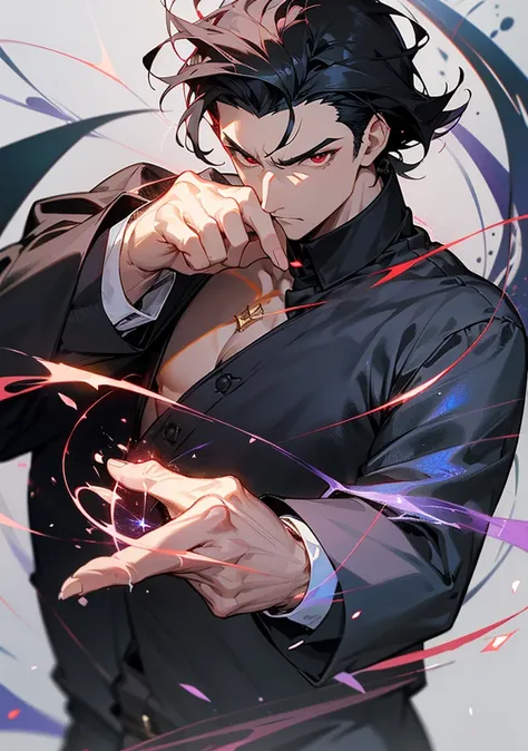 handsome, solo, 1 male, short hair, black hair, sharp eyes, red eyes, lighting, fantasy, black shirt, arrogant look, condescending expression , magic ring, magic circle in hand, blue particles smoldering at the tips of the fingers.