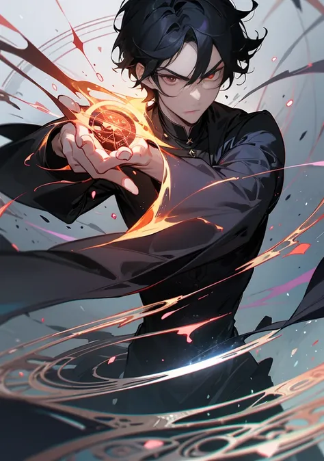 handsome, solo, 1 male, short hair, black hair, sharp eyes, red eyes, lighting, fantasy, black shirt, arrogant look, condescending expression , magic ring, magic circle in hand, blue particles smoldering at the tips of the fingers.