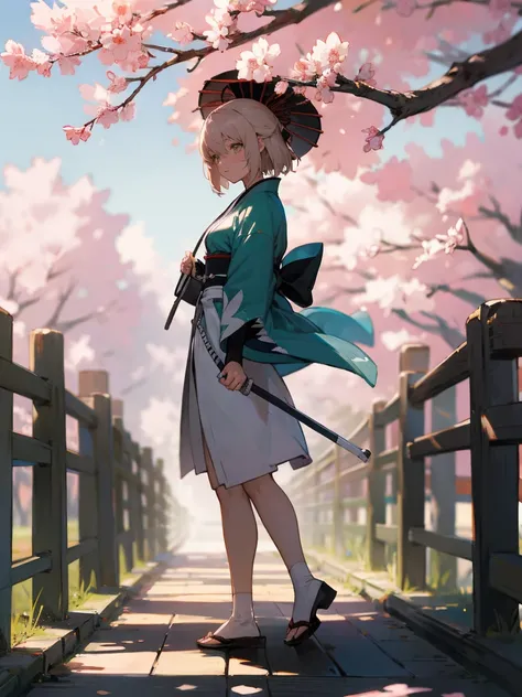 {Extremely detailed 8K wallpaper}, {Masterpiece}, {Best Quality}，Alone，full body shot，Okita Souji，short hair, kimono，Haori Cerezo, cherry tree