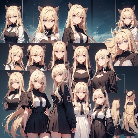 make a image in a a grid of nine panels, like a sprite sheet, in images have to be a anime girl portrait, same girl in all panels, As the sequence progresses, the characters hair becomes increasingly disheveled and animated, suggesting movement or wind act...