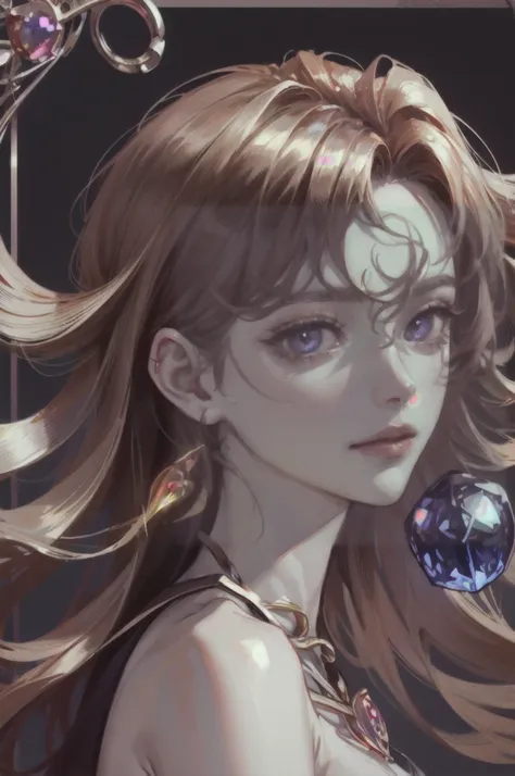 Id like a headshot portrait of a Noble girl, around 21 years old, with ((rose gold wavy hair: 1.2)), ((Padparadscha sapphire doe eyes: 1.6)), and ((porcelain skin: 1.0)). , cute and delicate appearance with an elegance on it. The portrait should be in a se...