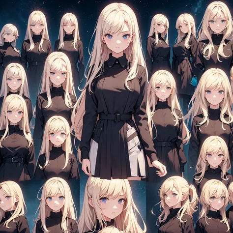 make a image in a a grid of nine panels, like a sprite sheet, in images have to be a anime girl portrait, same girl in all panels, As the sequence progresses, the characters hair becomes increasingly disheveled and animated, suggesting movement or wind act...