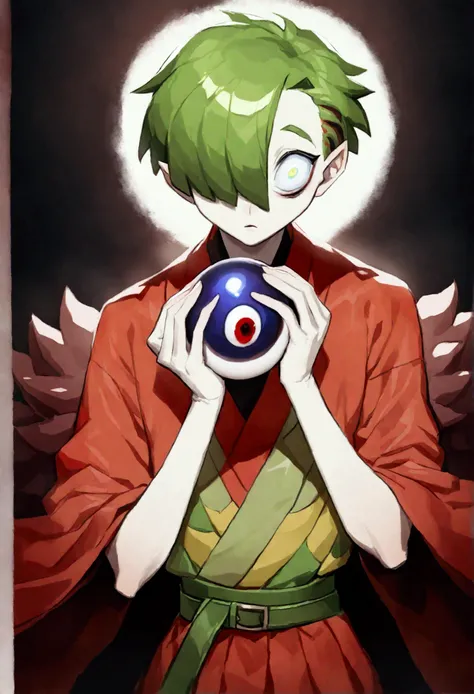 Japanese Anime，Second Dimension，Horror style，horror character，(((Three-eyed boy，Vertical Eye：1.9))),(((Gorgeous Japanese red kimono，Eye pattern，Dark Pattern))).(((Thin waist，Green belt：1.6))).(((Holding an eyeball in both hands)))，Black background blur
