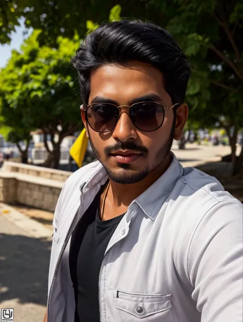 there is a man with a backpack and sunglasses taking a selfie, with accurate face, with sunglass, wearing black sunglasses, with lovely look, portait photo profile picture,  profile picture, very very low quality picture, with sunglasses, without helmet, a...