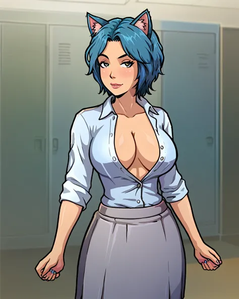 a milf with blue cat ears and blue hairs in a white unbuttoned shirt and short gray skirt