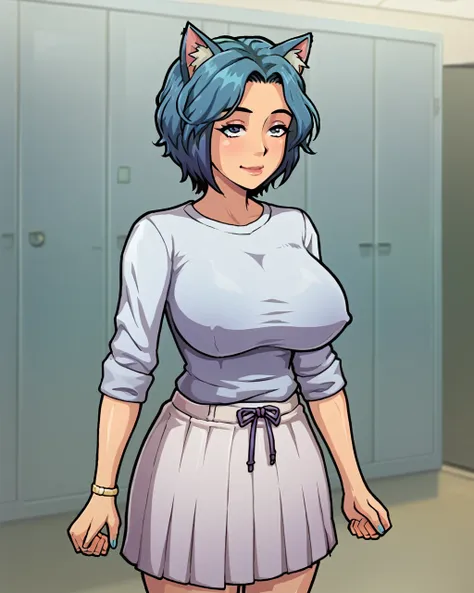 a milf with blue cat ears and blue hairs in a white shirt and short gray skirt