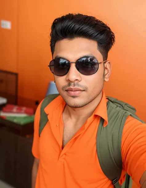 there is a man with a backpack and sunglasses taking a selfie, with accurate face, with sunglass, wearing black sunglasses, with lovely look, portait photo profile picture,  profile picture, very very low quality picture, with sunglasses, without helmet, a...