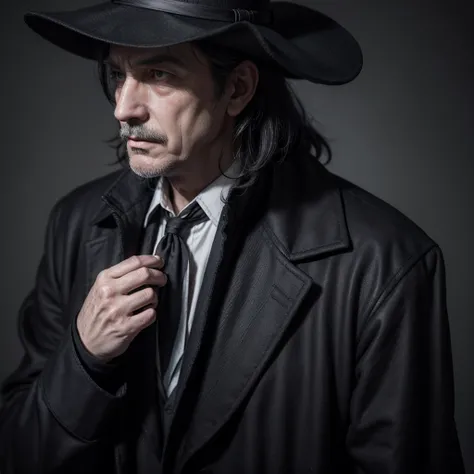 An old man character with an enigmatic appearance, like a dark detective. You can wear a wide-brimmed hat and a long coat, with antique clothes and an ethereal look, ideal for ghost stories, Dark colors, with shades of black, purple and red, and a design r...