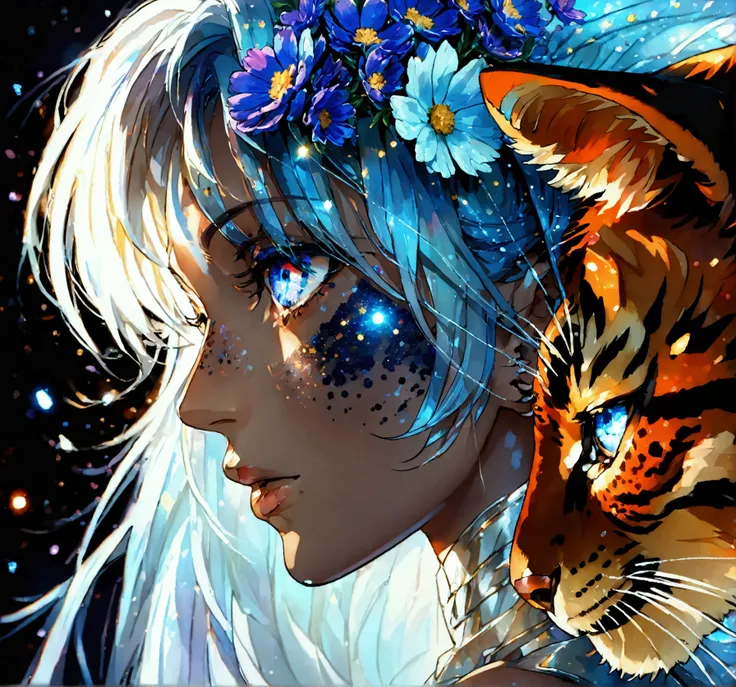 PORTRAIT, only face portrait, macro, a battle angel portrait, beautiful white skin with sparkles and glitter, long long hair with blue flowers on hair, shiny and lightening eyes, cosmos eyes, next to a red tiger, highly detailed fur (vectorized) blue light...