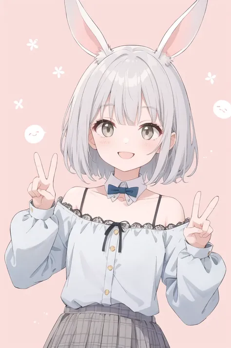 Bunny girl、Gray Hair、short hair、smile、Raise your hands、peace sign