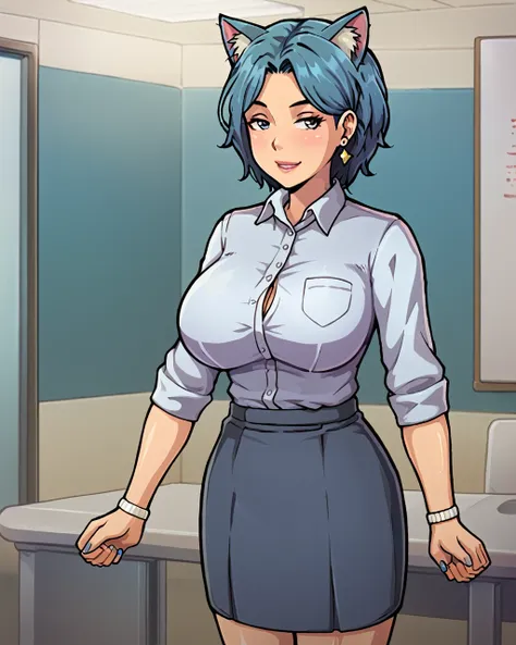 a milf with blue cat ears and blue hairs in a white collared shirt and short gray skirt