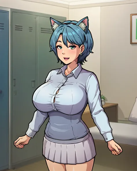 a milf with blue cat ears and blue hairs in a white collared shirt and short gray skirt