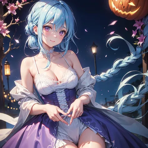 (Light blue medium hair),(Braided hair tied together)、Pink eyes、Fair skin、cowboy shot、Halloween、The background is a pumpkin ghost、Trick or Treat、Lollipop、Cosplay、A surprising smile、A dignified figure、solo、(masterpiece、Highest quality、Very detailed、Best Sha...