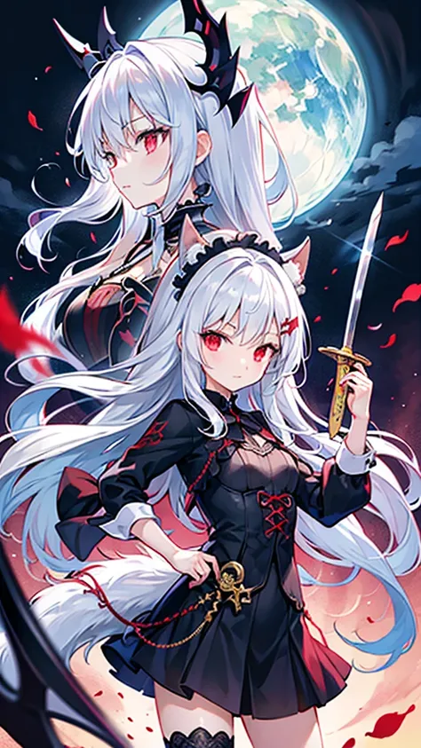 Silver Hair、Side Tail、Gothic、Red eyes、sword、Headdress