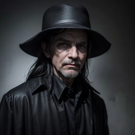 An old man character looking at the camera with an enigmatic appearance, like a dark detective. You can wear a wide-brimmed hat and a long coat, with antique clothes and an ethereal look, ideal for ghost stories, Dark colors, with shades of black, purple a...