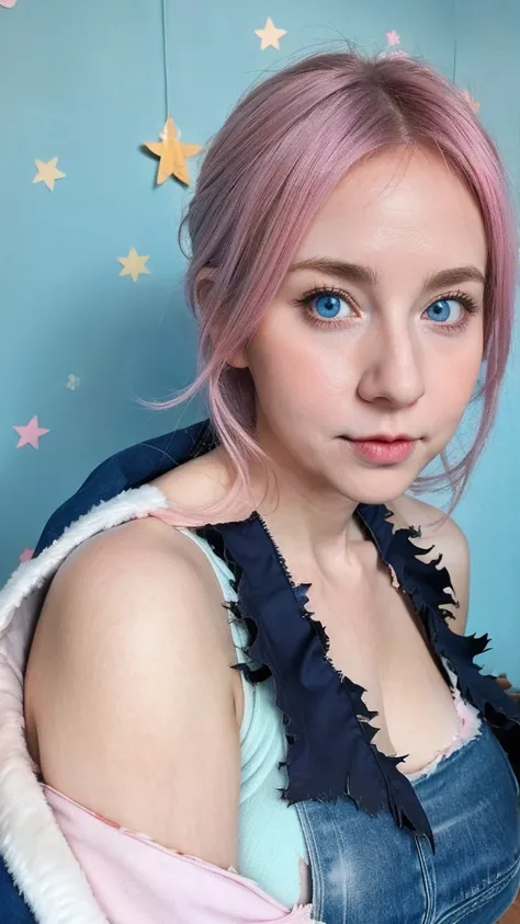 Gorgeus Girl, Beautiful, Baby Face, 40 Years Old, White Skin, Colossal Breasts, ((Anime Cosplay Coatumes)), Pastel Colour, Blue Eye, Halloween Background, Masterpiece, Pink Hair, Sleeveless, Front Fancing, ((Potrait:1.1)), ((Torn:1.2))