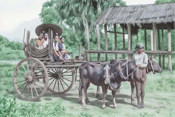 dark brown cows and lush background. wooden cart. earth ground. Sunburned skin